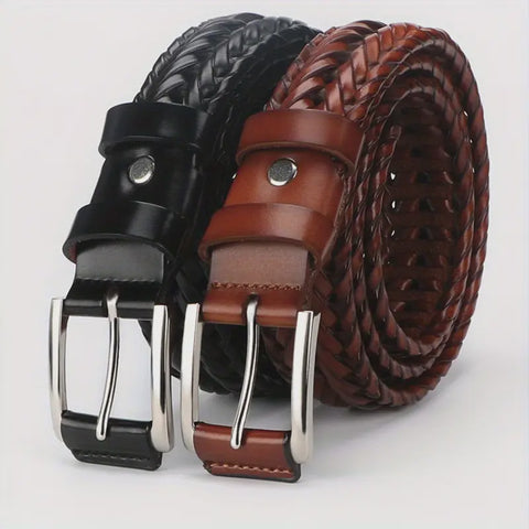 Men's Vintage Leather Plait Belt with Alloy Square Buckle