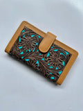 Tooling Leather Carved Clutch Wallet with Turquoise Base