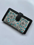 Tooling Leather Carved Clutch Wallet with Turquoise Base