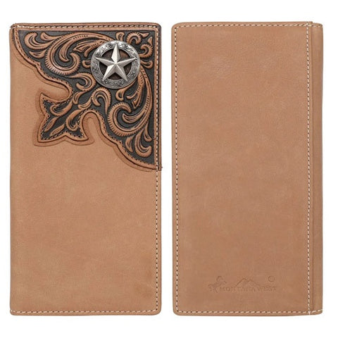 Wallet - Montana West - Leather - Distressed - Tan - Star Concho - Tooled Trim
